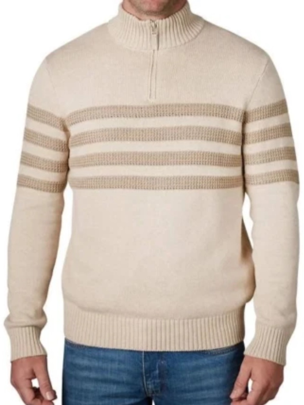 Tahari Mens Quarter Zip Pullover Striped Mock Neck Sweater L Striped Tan Cotton